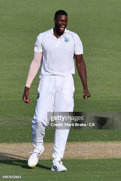 Jason Holder of West Indies celebrates the wicket of Steve Smith of Australia caught and bowled during day one of the Second Test Match in the series...