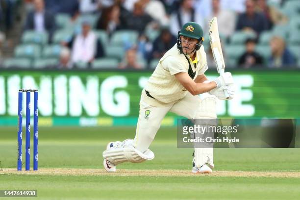 Marnus Labuschagne of Australia bats during day one of the Second Test Match in the series between Australia and the West Indies at Adelaide Oval on...