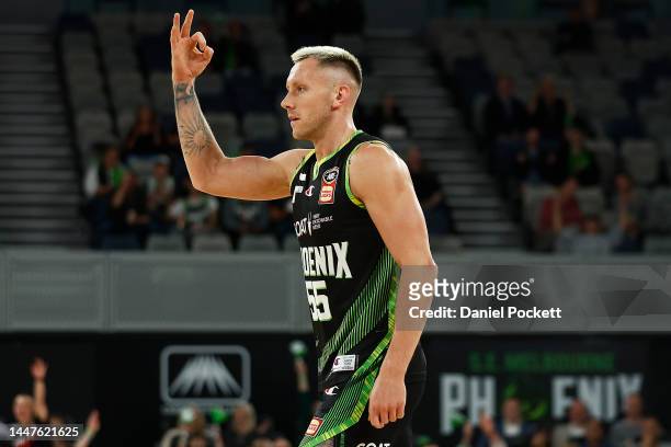 Mitchell Creek of the Phoenix celebrates a three pointer during the round 10 NBL match between South East Melbourne Phoenix and Illawarra Hawks at...