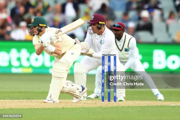 Marnus Labuschagne of Australia bats during day one of the Second Test Match in the series between Australia and the West Indies at Adelaide Oval on...