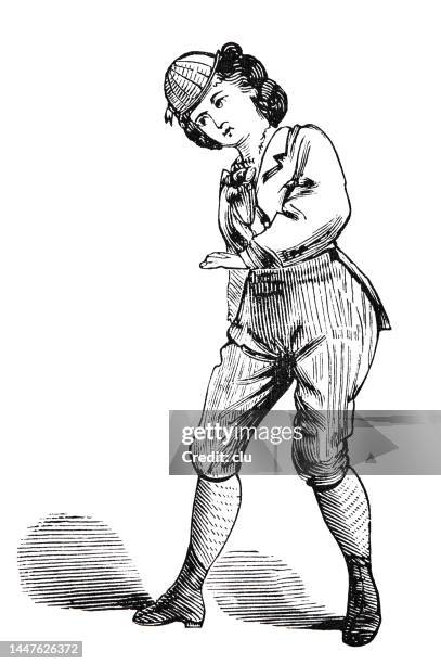 young woman in knickerbockers dances, full length, turning to the right - plus fours stock illustrations