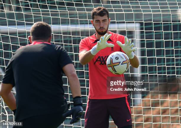 Harvey Davies of Liverpool during a training session on December 08, 2022 in Dubai, United Arab Emirates.
