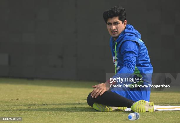 Naseem Shah of Pakistan looks on during a training session before the second Test between Pakistan and England at Multan Cricket Stadium on December...