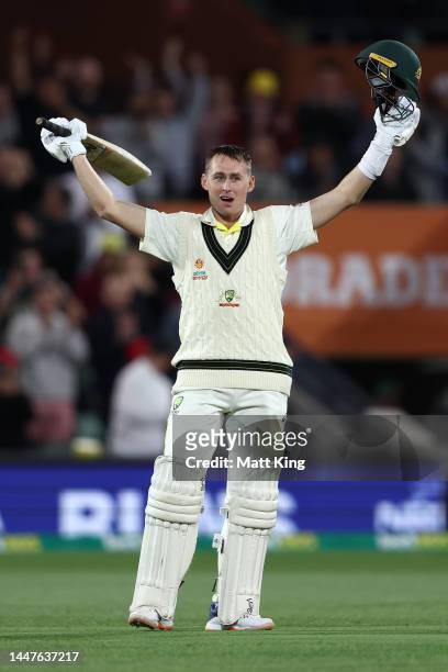 Marnus Labuschagne of Australia celebrates making his century during day one of the Second Test Match in the series between Australia and the West...