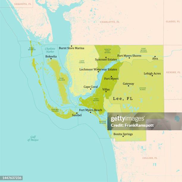 fl lee county vektorkarte grün - estero stock-grafiken, -clipart, -cartoons und -symbole