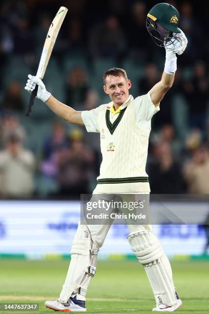 Marnus Labuschagne of Australia celebrates making his century during day one of the Second Test Match in the series between Australia and the West...