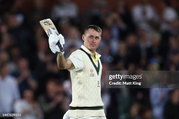 Marnus Labuschagne of Australia celebrates making his century during day one of the Second Test Match in the series between Australia and the West...