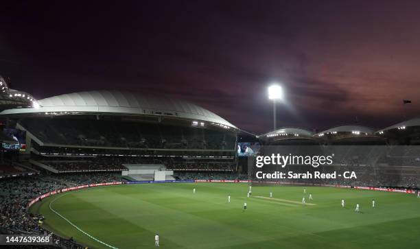 Sunset during day one of the Second Test Match in the series between Australia and the West Indies at Adelaide Oval on December 08, 2022 in Adelaide,...