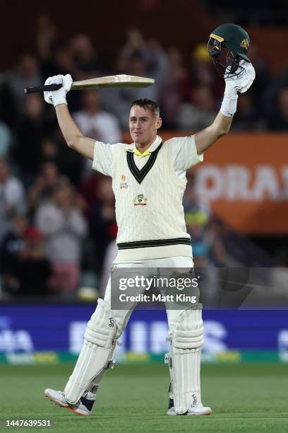 Marnus Labuschagne of Australia celebrates making his century during day one of the Second Test Match in the series between Australia and the West...