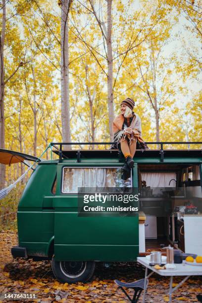 beautiful woman sitting on the roof of a camper van in the woods in autumn - camper van imagens e fotografias de stock