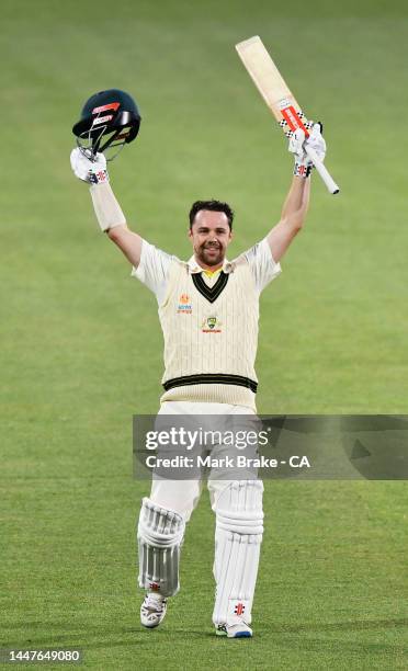 Travis Head of Australia celebrates bringing up his century during day one of the Second Test Match in the series between Australia and the West...