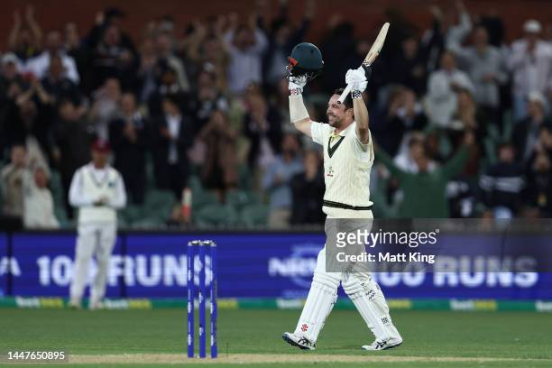 Travis Head of Australia celebrates making his century during day one of the Second Test Match in the series between Australia and the West Indies at...