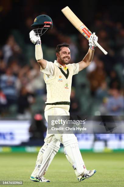 Travis Head of Australia celebrates making his century during day one of the Second Test Match in the series between Australia and the West Indies at...