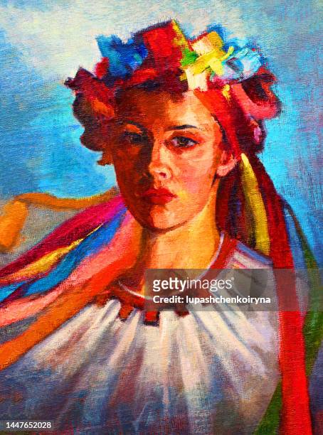 ilustraciones, imágenes clip art, dibujos animados e iconos de stock de ilustración arte pintura al óleo retrato de una niña ucraniana con ropa nacional y un tocado de flores con cintas - evacuación