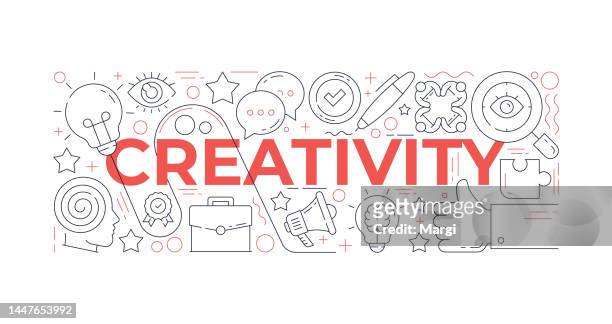 creativity web banner design template with line art icons - light bulb letters stock illustrations