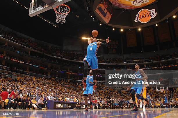Russell Westbrook of the Oklahoma City Thunder rises for a dunk against the Los Angeles Lakers in Game Three of the Western Conference Semifinals...