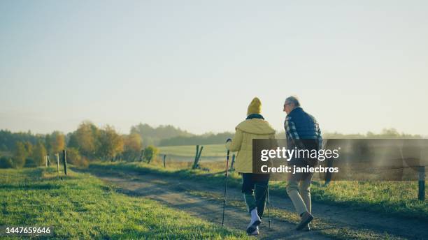 elderly loving couple on a walk in the countryside. nordic walking - hiking pole stockfoto's en -beelden