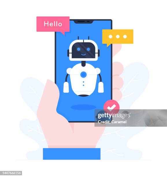 ilustrações de stock, clip art, desenhos animados e ícones de hand holding a smart phone, flat design illustration of chatbot - chatbot