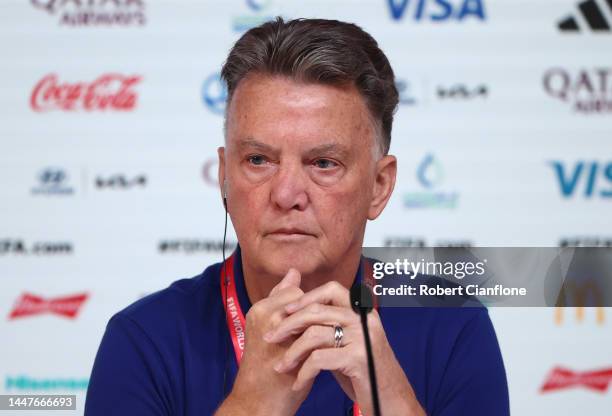 Louis Van Gaal, coach of the Netherlands is seen during a press conference on match day -1 at main media centre on December 08, 2022 in Doha, Qatar.