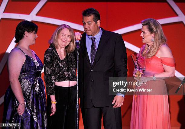Molly O'Neill, Teri Garr and Nancy Davis speak onstage at the 19th Annual Race to Erase MS held at the Hyatt Regency Century Plaza on May 18, 2012 in...
