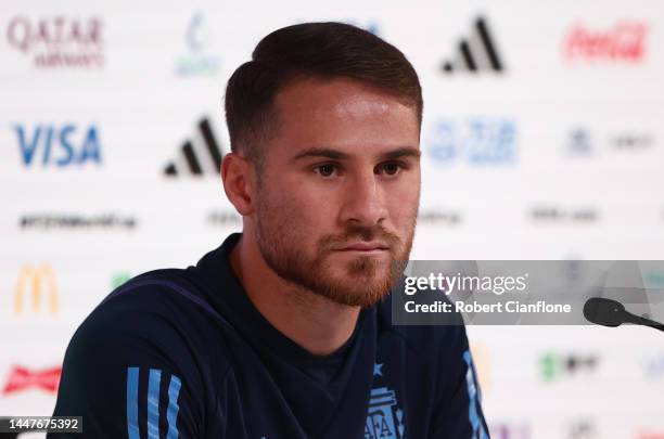 Alexis Mac Allister of Argentina is seen during a press conference on match day -1 at main media center on December 08, 2022 in Doha, Qatar.