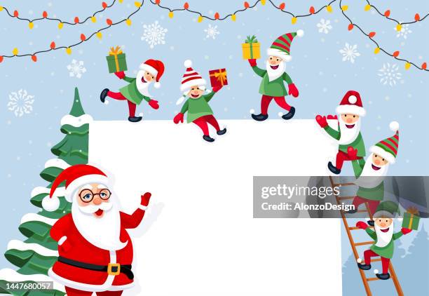 ilustraciones, imágenes clip art, dibujos animados e iconos de stock de santa claus y sus elfos. - santa elf