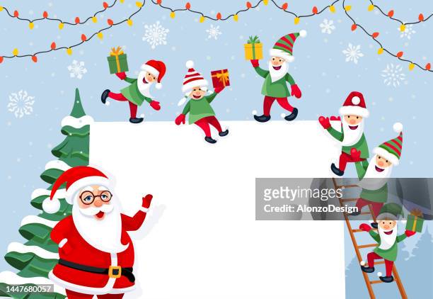 santa claus and his elves. - pixie stock illustrations