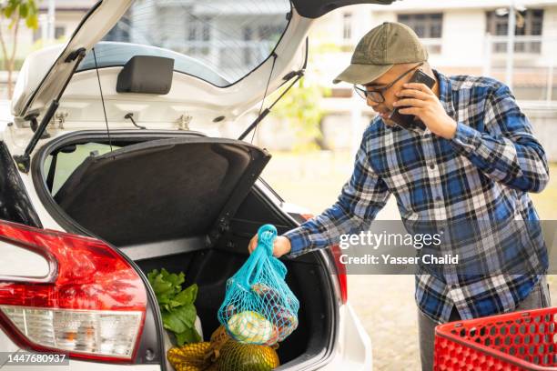 man loading groceries into trunk - lumberjack shirt man stock pictures, royalty-free photos & images