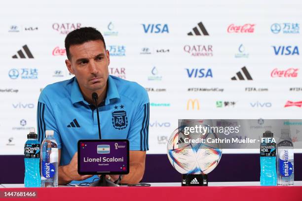 Lionel Scaloni, Head Coach of Argentina, speaks during a press conference on match day -1 at main media center on December 08, 2022 in Doha, Qatar.