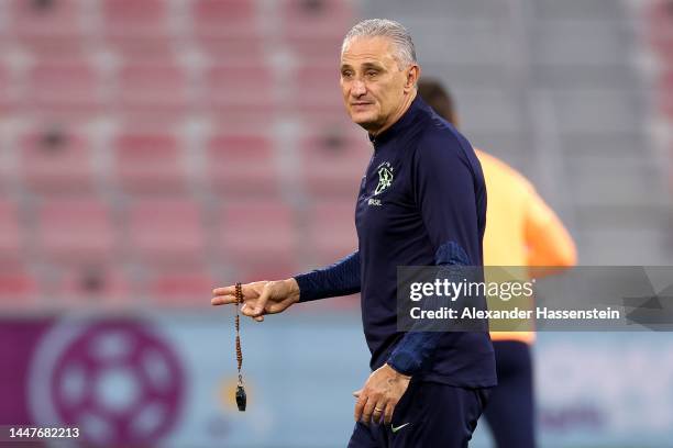 Tite, head coach of Brazil looks on during a training session on match day -1 at Al Arabi SC Stadium on December 08, 2022 in Doha, Qatar.