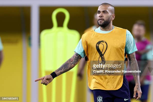 Dany Alves of Brazil reacts during a training session on match day -1 at Al Arabi SC Stadium on December 08, 2022 in Doha, Qatar.