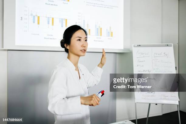 university professor gesturing towards whiteboard during lecture - facts stockfoto's en -beelden