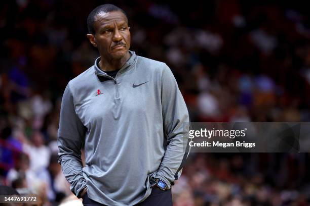 Head Coach Dwane Casey of the Detroit Pistons looks on against the Miami Heat during the second quarter at FTX Arena on December 06, 2022 in Miami,...