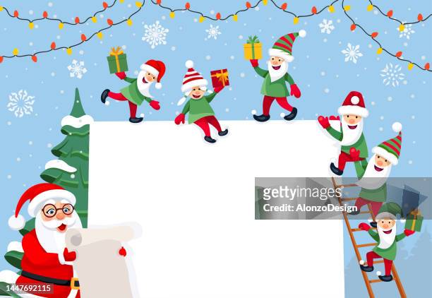 funny santa claus checking his list. christmas card. - christmas background no people stock illustrations