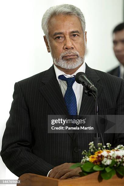 Prime Minister Xanana Gusmao speaks at a Press Conference with the President of Indonesia, Susilo Bambang Yudhoyono, at the Government Palace, as...