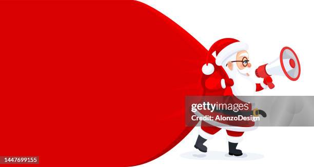 illustrazioni stock, clip art, cartoni animati e icone di tendenza di babbo natale con un'enorme borsa che consegna regali. striscione di natale con sacchetto regalo di babbo natale. - cappello babbo natale