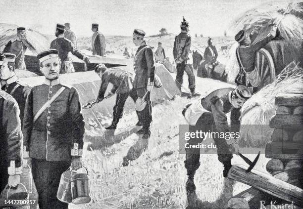 soldiers on the bivouac, preparations for boiling - bootcamp exercise stock illustrations