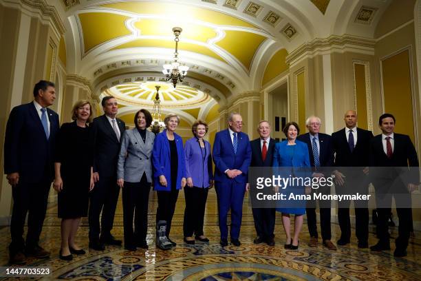 Senate Democratic Leadership Members pose for a group photo after their caucus held leadership elections for the 118th Congress at the U.S. Capitol...