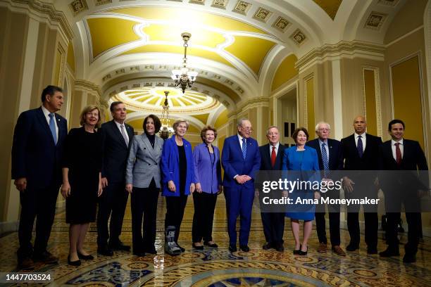 Senate Democratic Leadership Members pose for a group photo after their caucus held leadership elections for the 118th Congress at the U.S. Capitol...