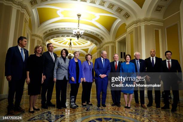 Senate Democratic Leadership Members pose for a group photo after their caucus held leadership elections for the 118th Congress at the U.S. Capitol...
