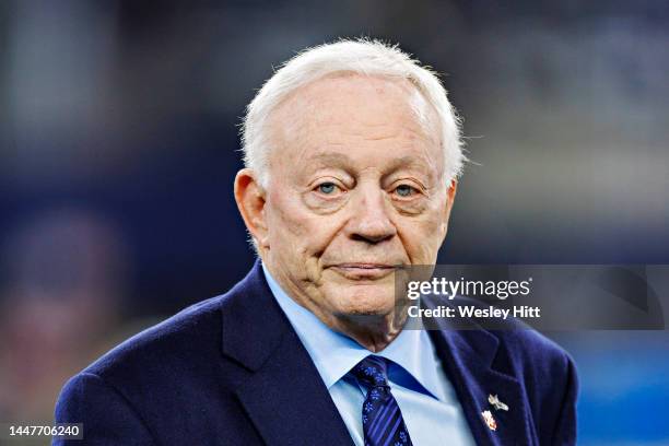 Jerry Jones, Owner of the Dallas Cowboys, on the field before a game against the Indianapolis Colts at AT&T Stadium on December 4, 2022 in Arlington,...