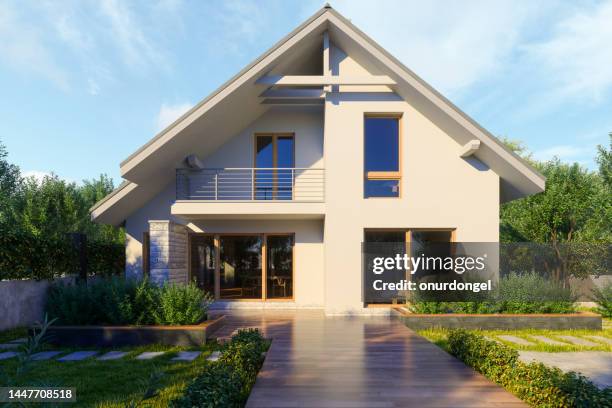 moderne villa außen im sommer - modern home exterior stock-fotos und bilder