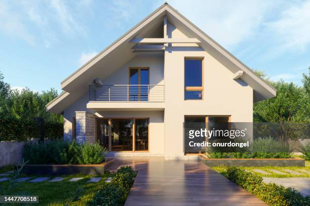modern villa exterior in summer - formal garden stock pictures, royalty-free photos & images