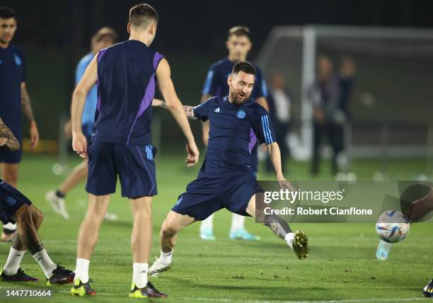 Lionel Messi of Argentina is s during a training session on match day -1 at Qatar University on December 08, 2022 in Doha, Qatar.