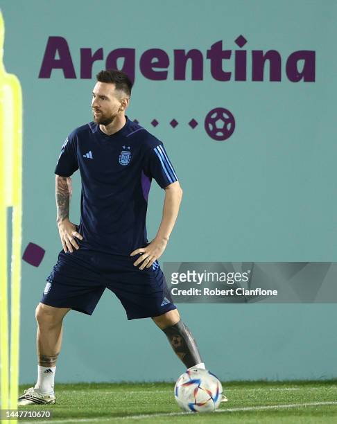 Lionel Messi of Argentina is s during a training session on match day -1 at Qatar University on December 08, 2022 in Doha, Qatar.