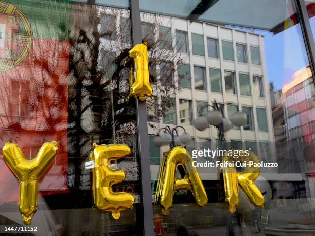 one year celebration on the glass wall - 1 year anniversary stock pictures, royalty-free photos & images
