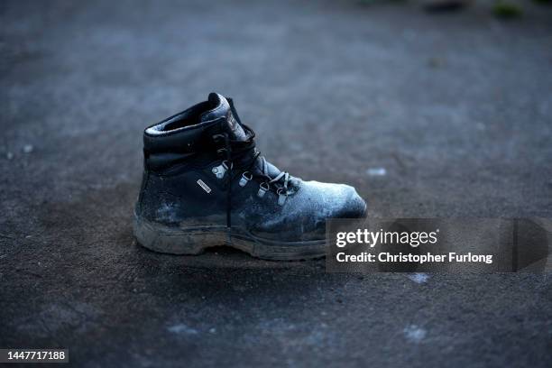 Frosty boot stands by the gate of the former Woodhouse Colliery site where West Cumbria Mining have been given approval to once again extract coal on...