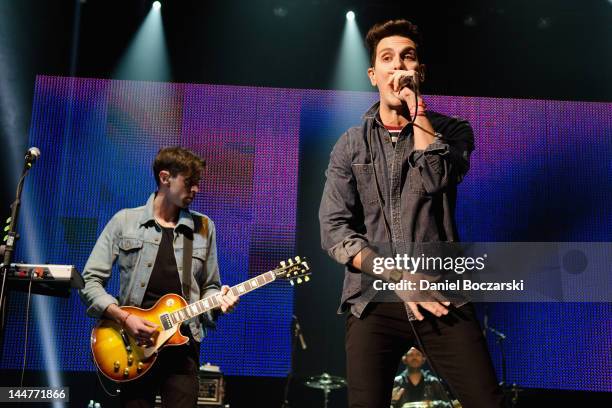 Ryland Blackinton and Gabe Saporta of Cobra Starship perform on stage during 103.5 KISS FM's Fantabuloso at Rosemont Theatre on May 18, 2012 in...