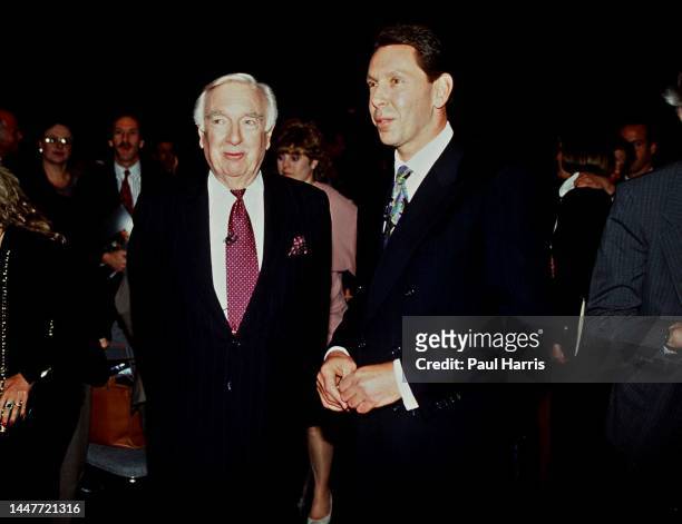 Walter Cronkite and Larry Ellison CEO of Oracle during the launch of Oracles interactive TV March 19, 1994 at CBS Studios, in Studio City, California