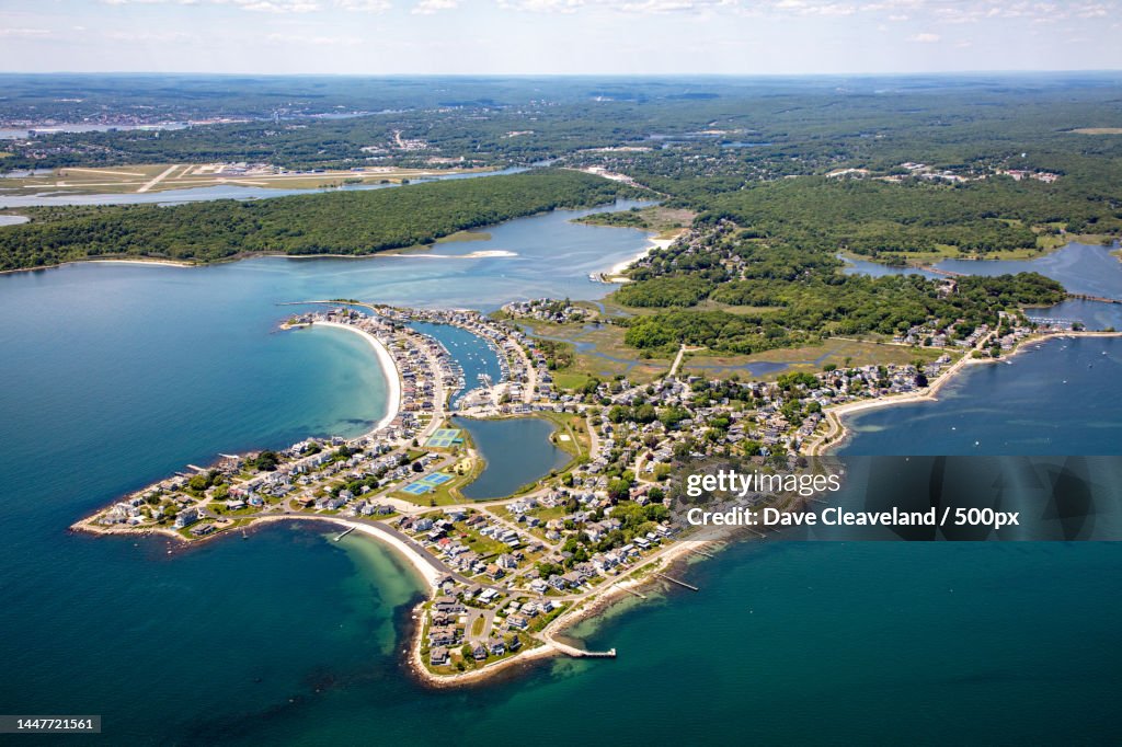 High angle view of sea and cityscape against sky,Groton Long Point,United States,USA